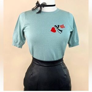 Mischief Made medium embroidery heart, light teal/blue knit sweater 🩵💙